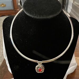 Silver Choker Necklace with Red Gemstone Pendant